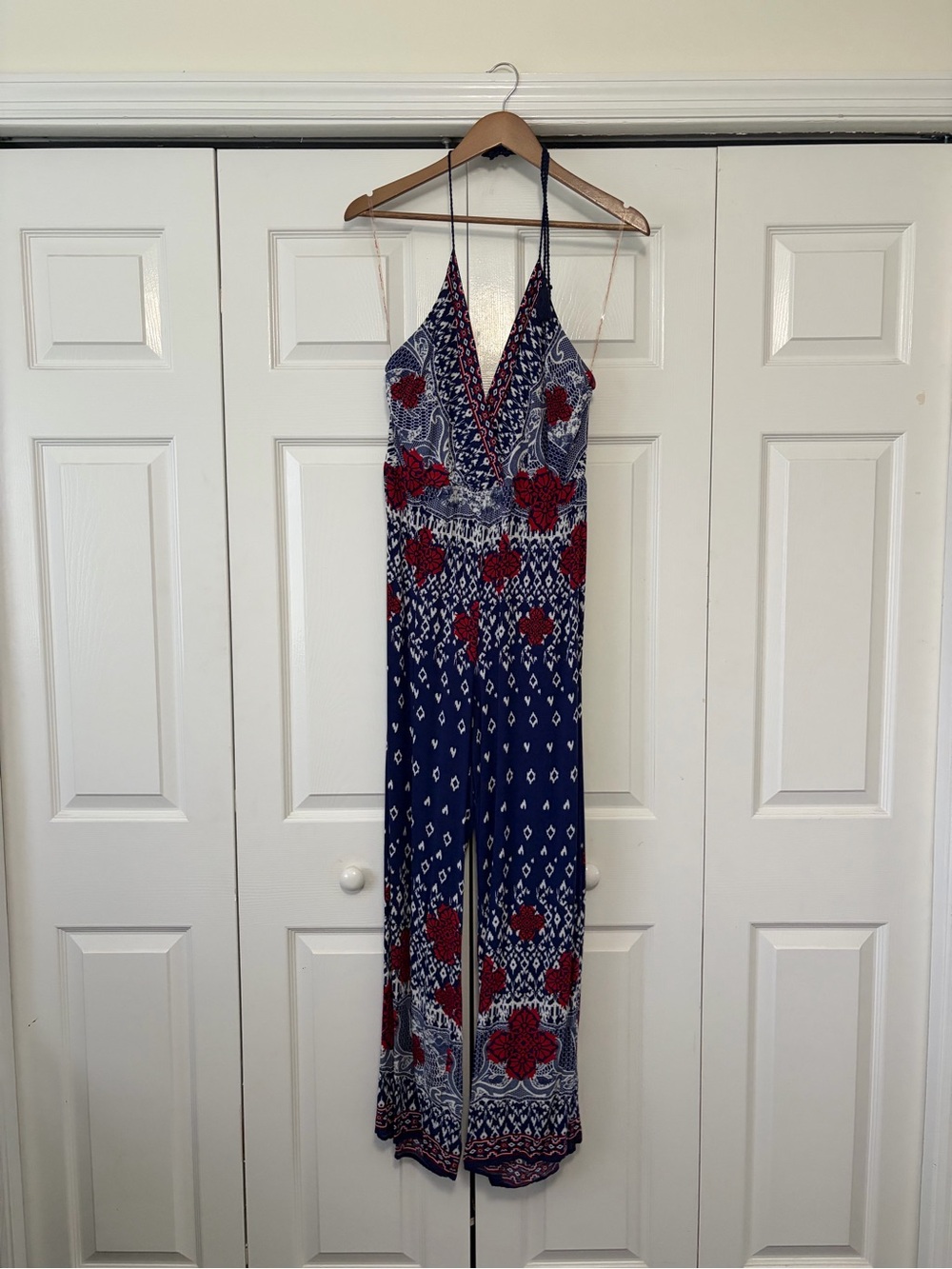 Flying Tomato Navy and Red Halter-Style Printed Jumpsuit